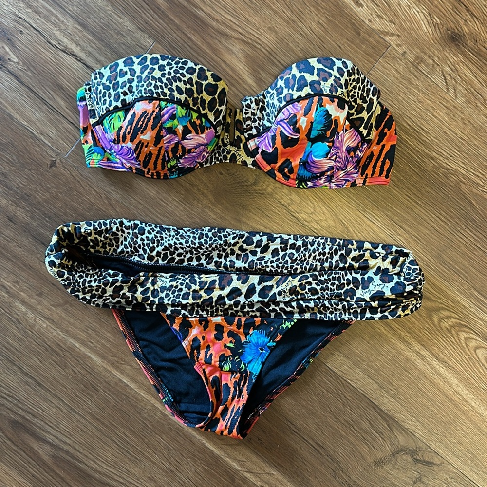 Strapless print Victoria’s Secret bikini bottom S, Top 34C